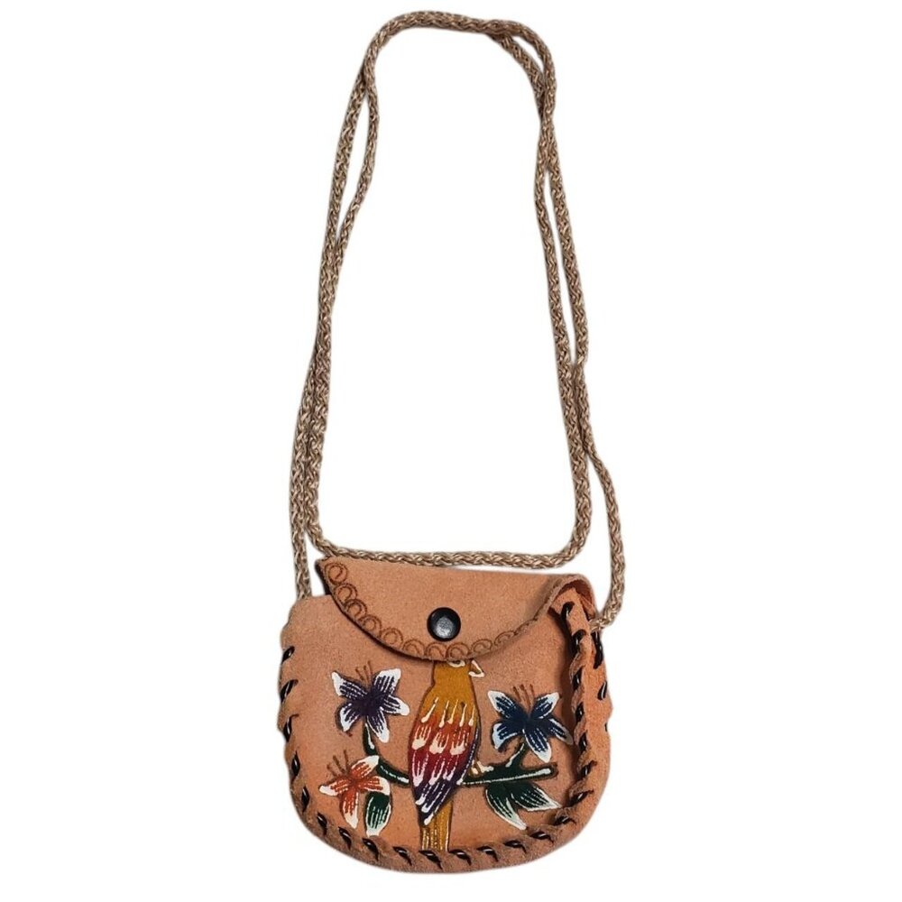 Hand Painted Hand Made Floral Parrot Suede Leather Necklace Bag Boho Bohemian